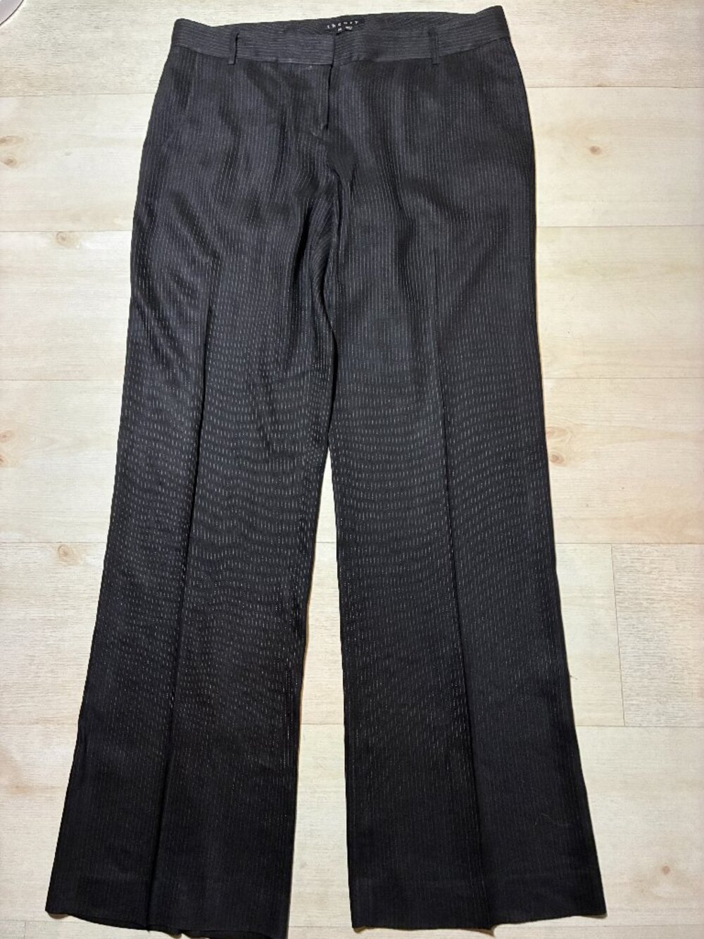 Theory Women's Caren Wide Leg Pinstripe Linen Blend Pants Black Size 12